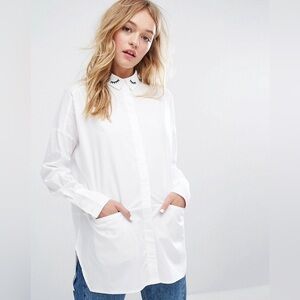 MONKI Eyelash Embroidered Collar Boxy White Tunic Button Down Shirt Size S